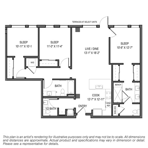 Floor plan for 3 beds, 2.5 baths, 1347 sqft